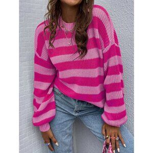 soft knit crew neck preppy striped sweater pink